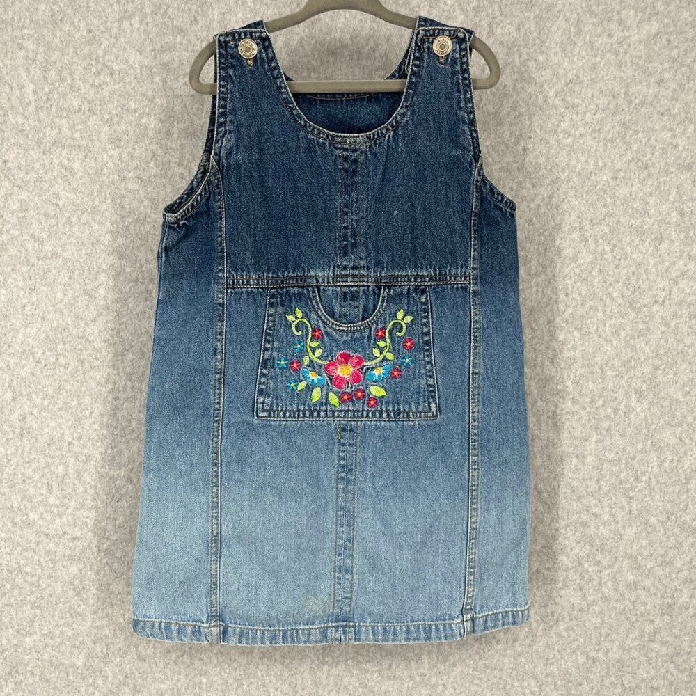Expressions Toddler Girls VTG Denim Jumper Dress Size 5T Embroidered Floral 90s